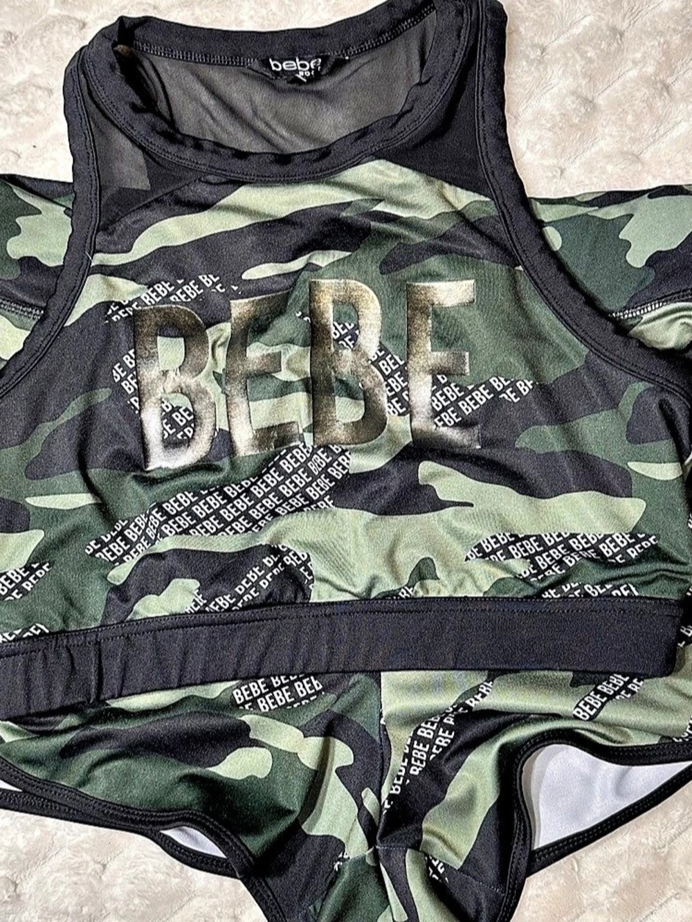 bebe Sport two piece short and tank top Camo activewear set Green & Black Size L